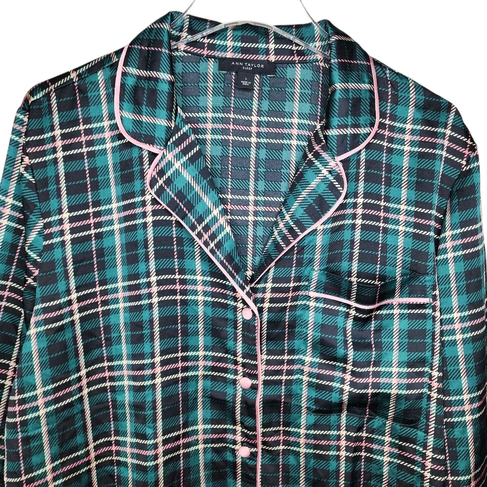 Ann Taylor‎ Sleep ~ Green & Pink Plaid Satin Pajama Set Size Large